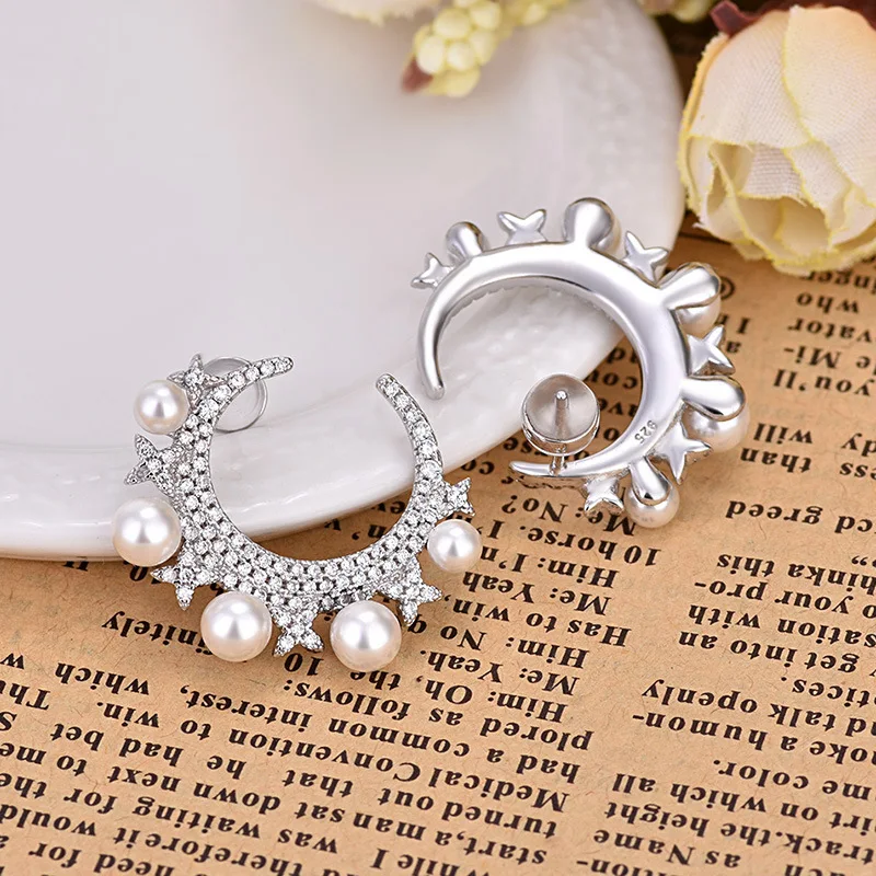 Модные серьги гвоздики с кристаллами луной звездой жемчугом циркониевые