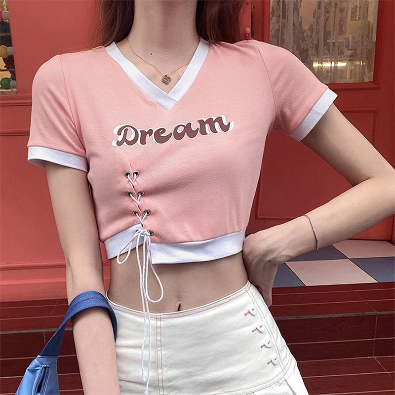 

Letter Printing T-Shirts Women's Clothes Tees Top Splice Tops T Shirt Ladies V-Neck Short Sleeves Pullover Slim Blouses Femme