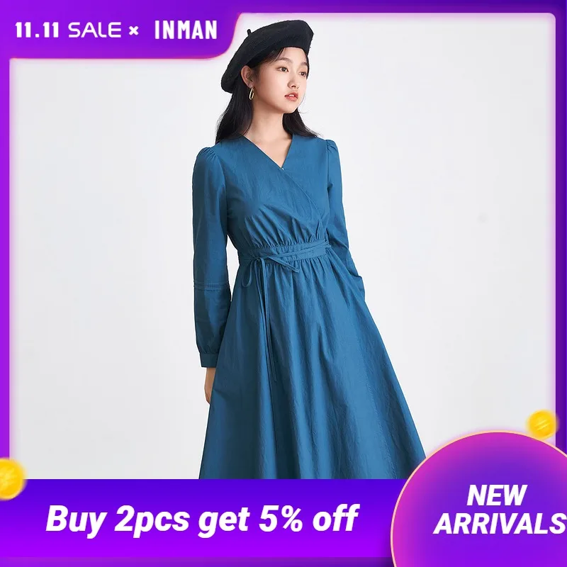 INMAN Autumn Women's Dress Retro Literary V-Neck Belt Tether Design Cotton Elegant Blue Female's One-Piece