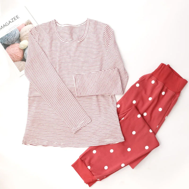 red set YATEMAO одежда для сна, для беременных, кормящих пижамы Беременность Костюмы с длинным рукавом; одежда для кормящих мам; Повседневное беременных футболка с принтами из мультфильмов - Цвет: red set