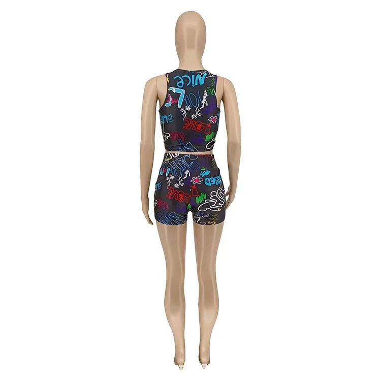 

Letter Printing Two Piece Sets Women 2021 Sporty Crop Vest Top+Shorts Shorts Suit Summer Skinny Slim Women Clothing