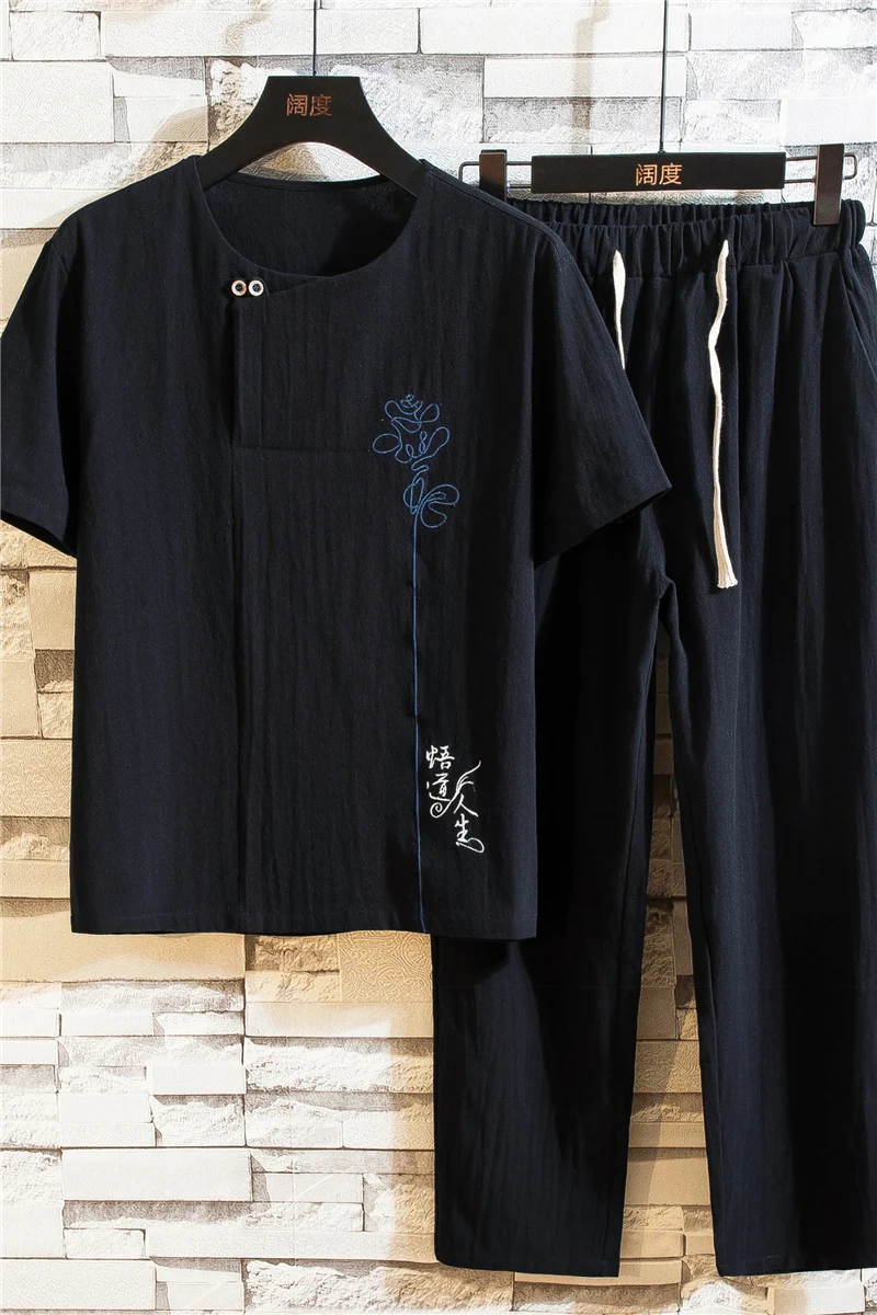 (Рубашка + брюки) 2021 Летняя мужская рубашка мужские рубашки из хлопка и льна