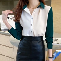 korean women button up shirt woman long sleeve shirts blouse women chiffon shirt patchwork blouses office lady white shirt tops