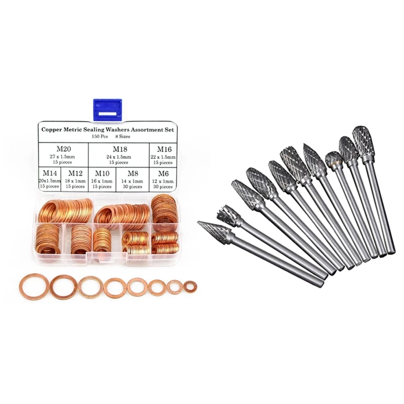 

150 шт., медные метрические Уплотнительные Шайбы 8 размеров, плоские шайбы и 10 шт. карбидных поворотных заусенцев двойного размера, акция