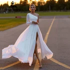 Белое шифоновое свадебное платье Roycebridal, свадебные платья с длинными рукавами, круглым вырезом и разрезом спереди, доступные Свадебные платья для невесты с бисером