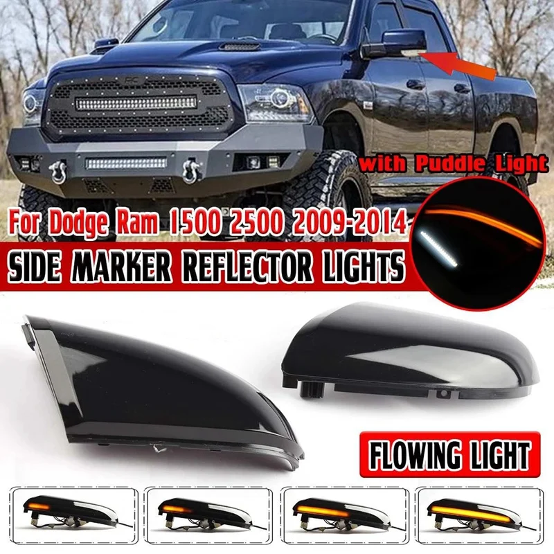 

2X Dymanic LED Side Wing Rear View Mirror Light Turn Signal Lights with Puddle Light for Dodge Ram 1500 2500 2009-2014