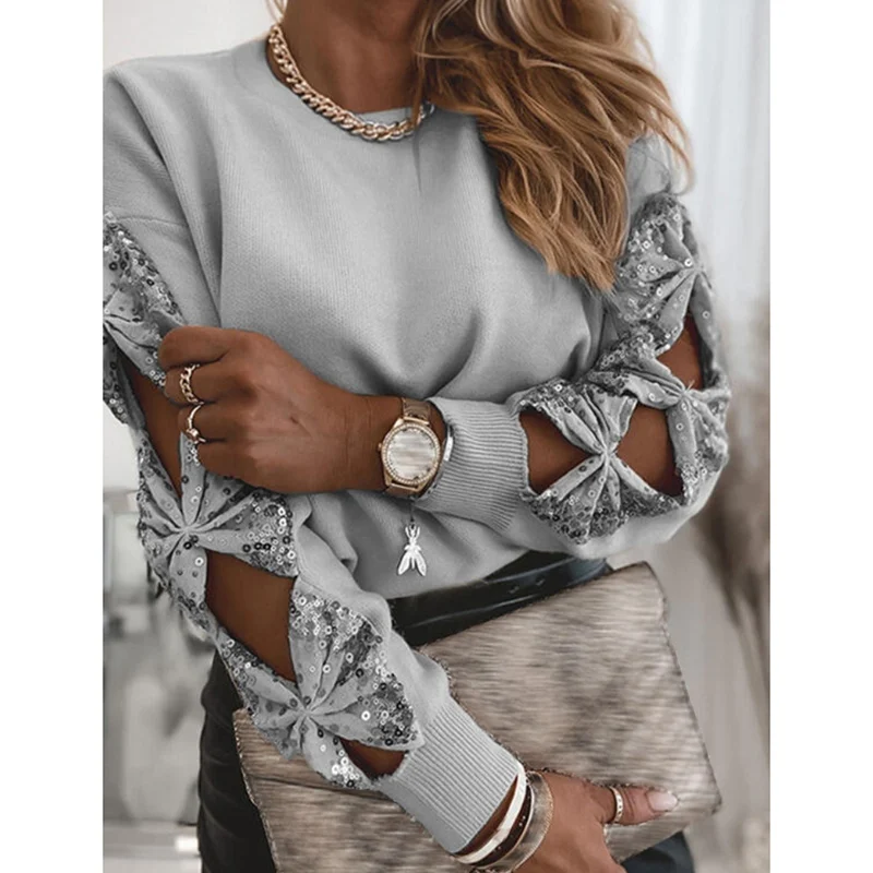 

Women Elegant Solid V Neck Sequined Sweaters Autumn Long Sleeve Casual Pullover Tops Sexy Lady Off Shoulder Loose Sweater Jumper