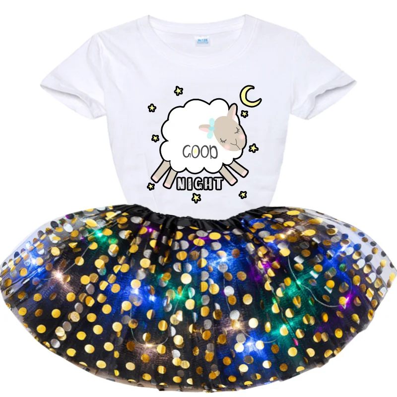 

Girls Cartoon Sheep Printing T Shirt +Miniskirts Sets LED Glitter Star Sequins Ballet Dance Tulle Tutu Skirt Flashing Light Sets