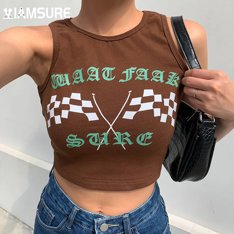 

IAMSURE Casual Character Print Knited Vest Sexy Slim Ribbed Sleeveless Crop Tops Women 2021 Fashion Streetwear O-Neck Tank Top