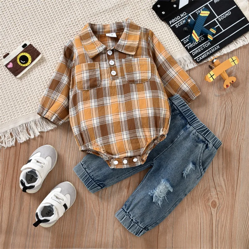 

Newborn Baby Boy Two-Piece Outfits Plaid Pattern Long Sleeve Turn-Down Collar Romper + Ripped Denim Trousers Clothes Set