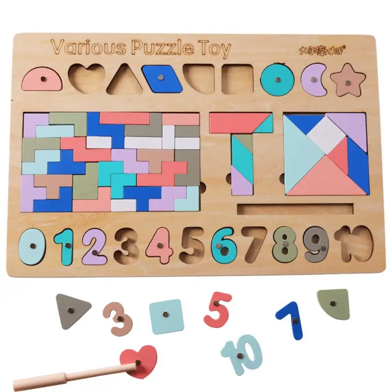 

Baby Kids Magnetic Fishing Game 3D Jigsaw Puzzle Board Wooden Shape Number Learning Tetris Educational Toy