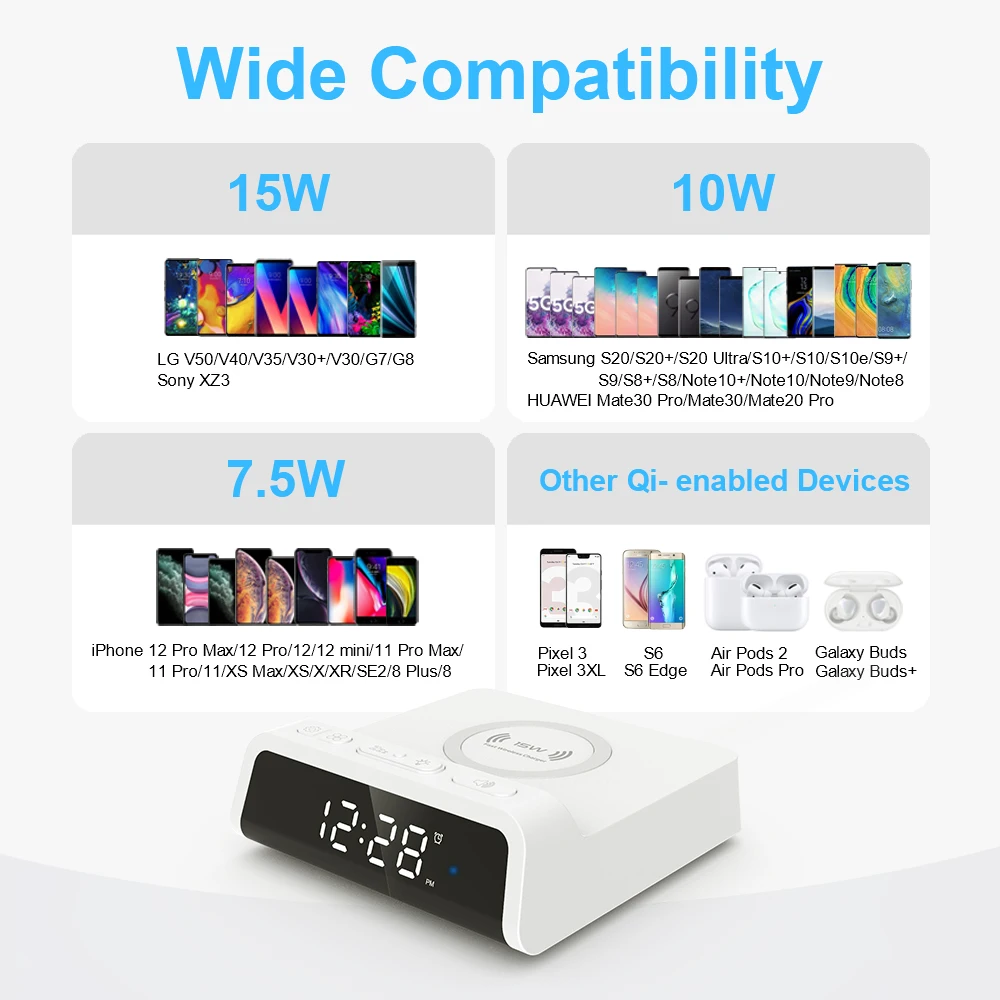 3in1 led alarm clock wireless charger for iphone 11 12 pro max smasung galaxy s21 s10 usb 15w fast charger charging dock station free global shipping