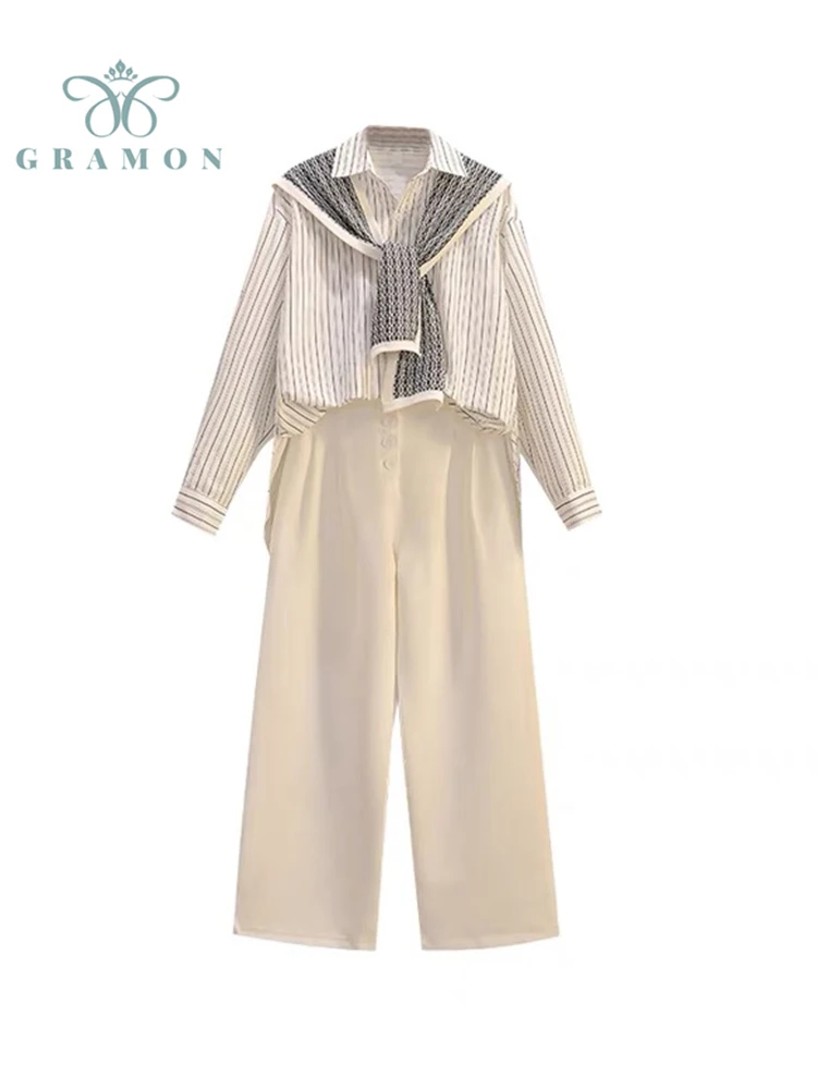 

Mujer Plus Size Two Piece Set Shawl Striped Long Sleeve Shirts And Solid Color Casual High Waist All-Match Wide Leg Pants Lady