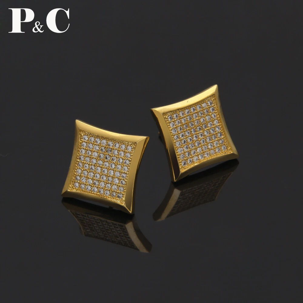 Серьги гвоздики со льдом и квадратным масонским масонством золотого серебряного