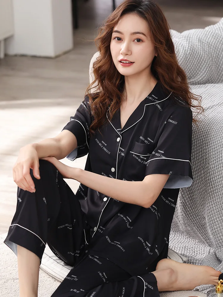 

Women Satin Pajamas Shorts White Letter Bedroom Sleepwear PJs Pijama Feminino Mujer Dormir Home Clothes Ice Silk Pyjama Femme