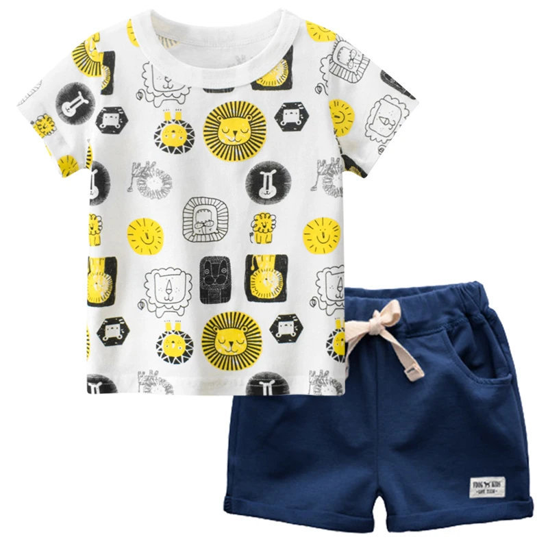 

BINUDUCKLING Cartoon Lion Printed Boys Summer Clothes Set 2PCS Pure Cotton Short Sleeve T-Shirt+Pants Kids Children Boys Clothes