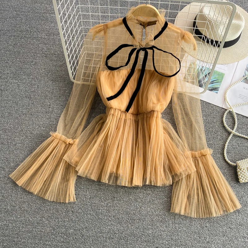 

Royal Style Women Sexy Mesh Transparent Blouse Ladies Sweet Elastic Slim Waist Flare Sleeve Mesh Shirt Top