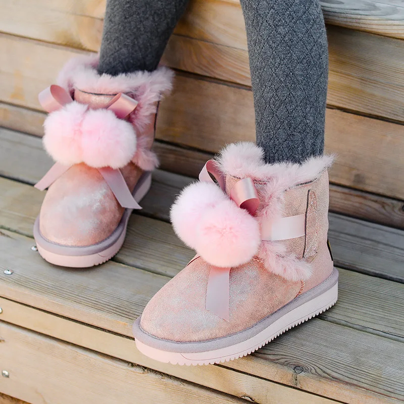 Новинка 2019 года зимние сапоги для девочек с натуральным мехом Водонепроницаемая