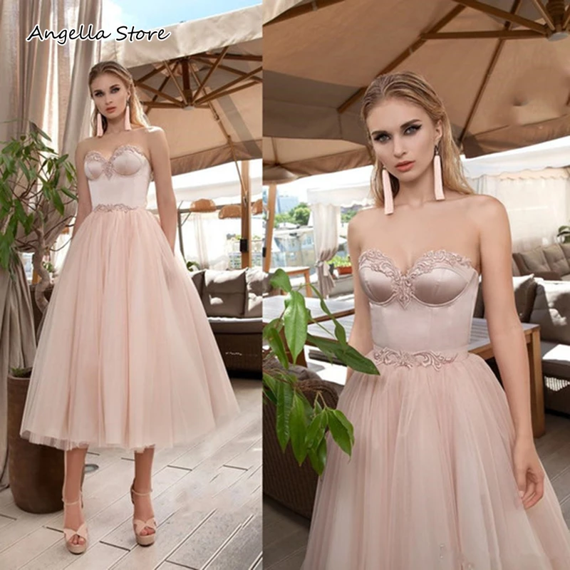 

Женское свадебное платье до середины икры, розовое Тюлевое платье трапециевидной формы с кружевной аппликацией, короткое платье для приема...