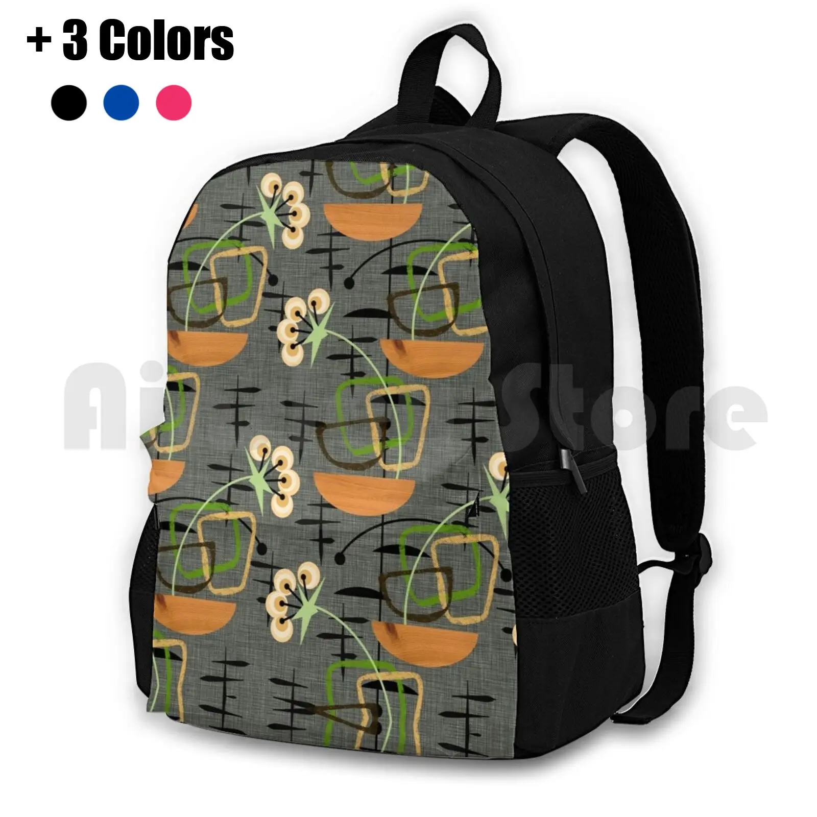 

Gray Mid-Century Modern Houseplants , Atomic Patterns Outdoor Hiking Backpack Waterproof Camping Travel Gray Black Gold Green