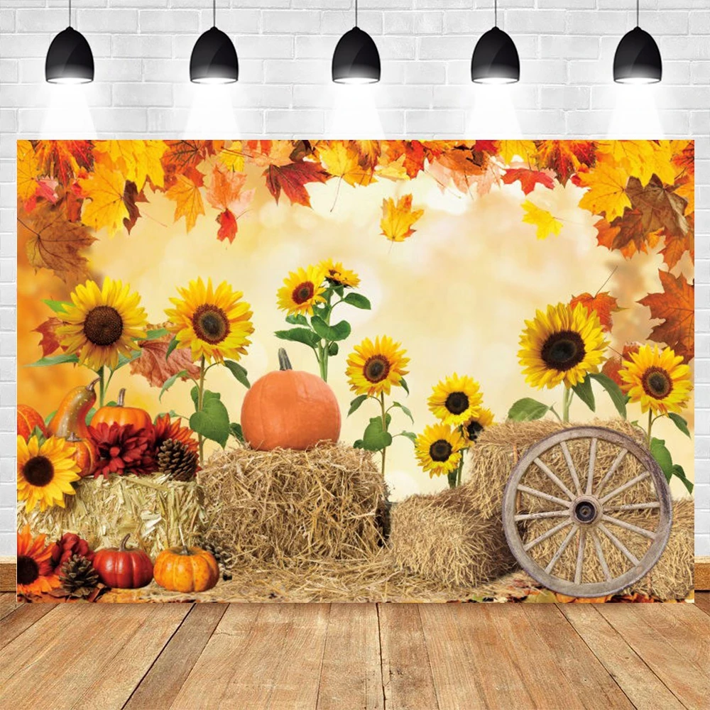 

Autumn Fall Farm Pumpkin Barn Photography Backdrops Fallen Leaves Sunflower Baby Portrait Photographic Background Banner Decor