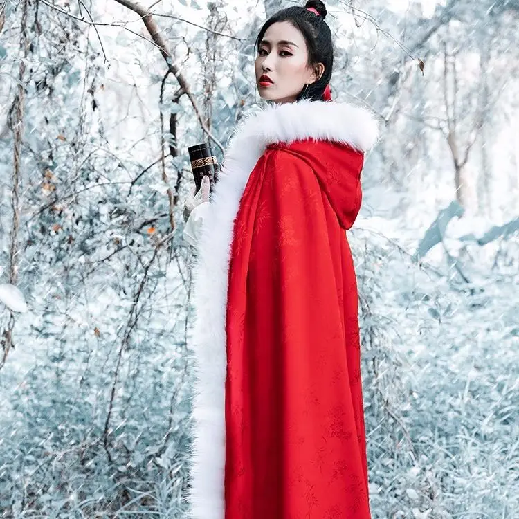 Традиционная накидка Hanfu для женщин Древний китайский пушистый меховой воротник