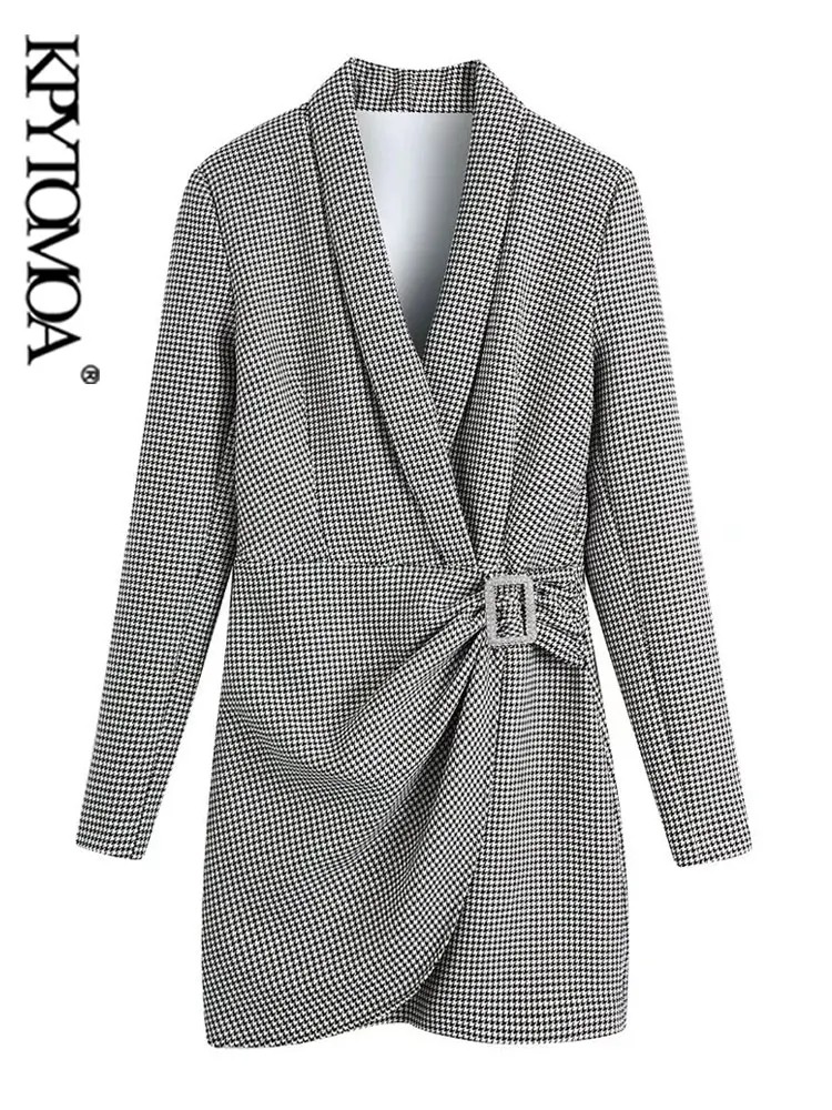 

KPYTOMOA Women Fashion With Belt Houndstooth Wrap Mini Dress Vintage Long Sleeve Side Zipper Female Dresses Vestidos Mujer