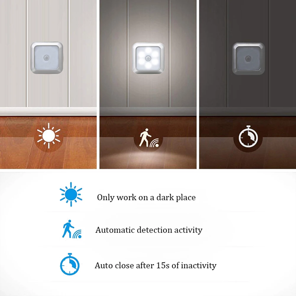 6 светодиодов ПИР шкаф светильник для лестницы прихожей серебряный корпус ночная