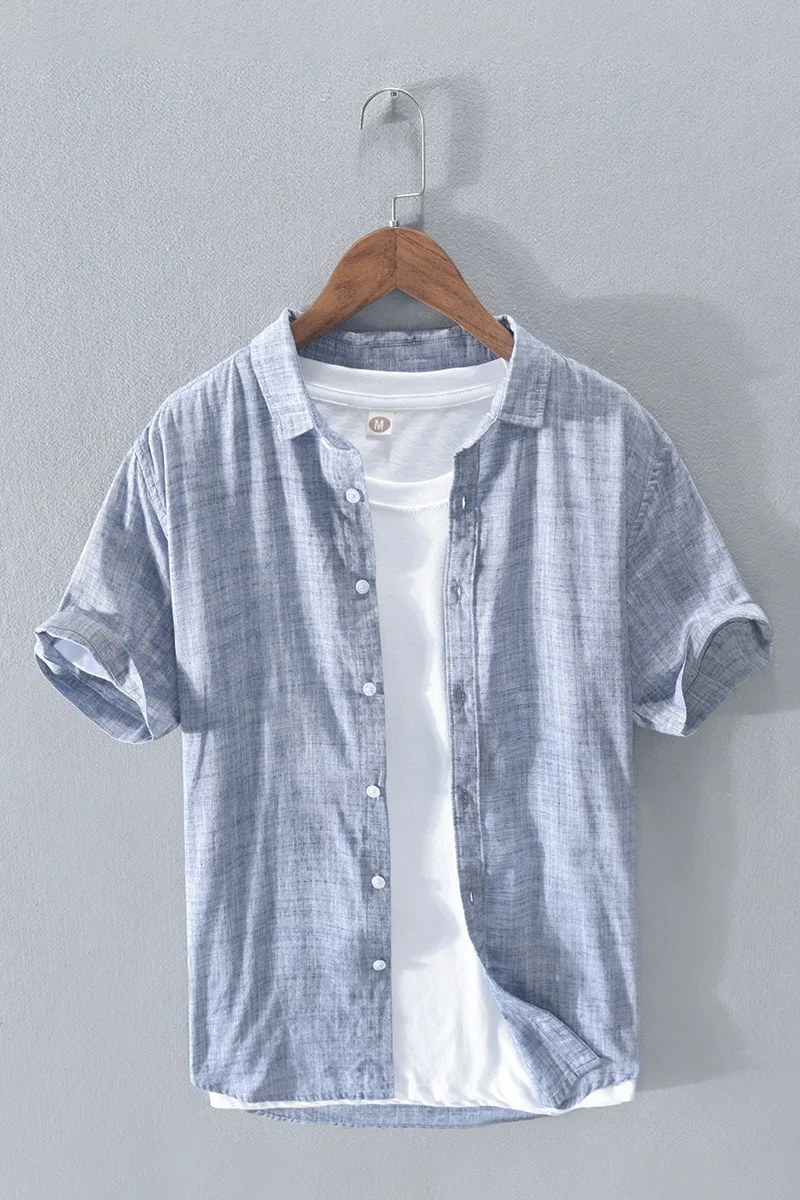 

2021 Summer New Men's Linen Shirt Youth Solid Color Simple Short Sleeve Loose Shirt
