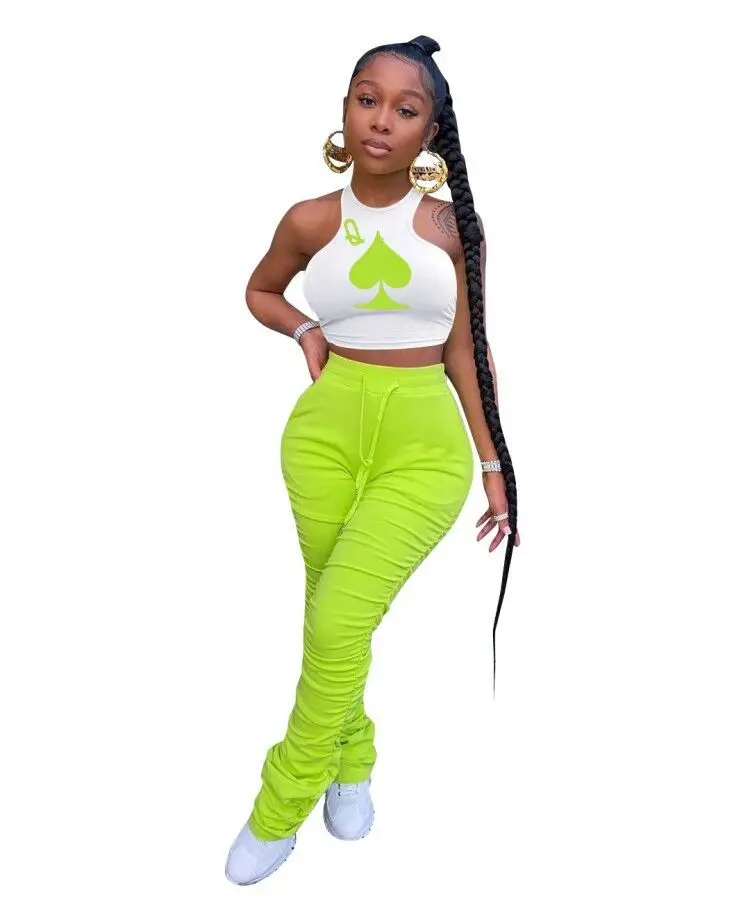 

HAOOHU Women Matching Set Poker Q Print Tank Tops Stacked Bell Bottom Jogger Pant Suit Two Piece Set Sport Tracksuit Outfit