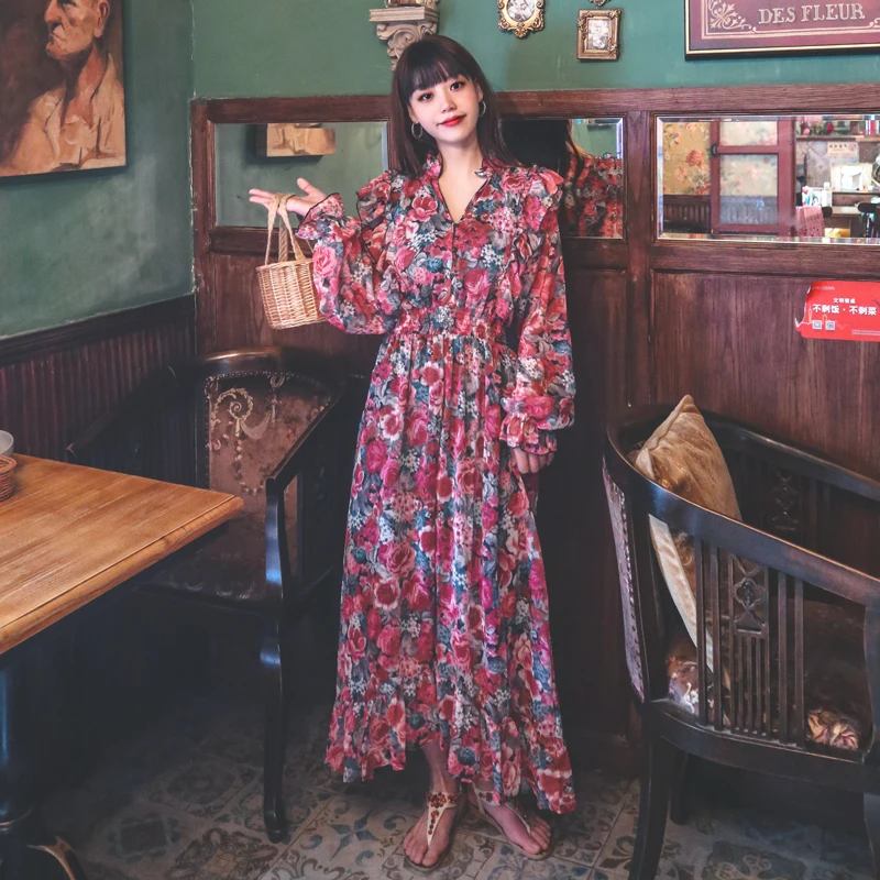 

Весеннее дамское марочное клетчатое платье макси, женское платье с v-образным воротом, с рукавами-фонариками Цветочный принт длинные шифоно...