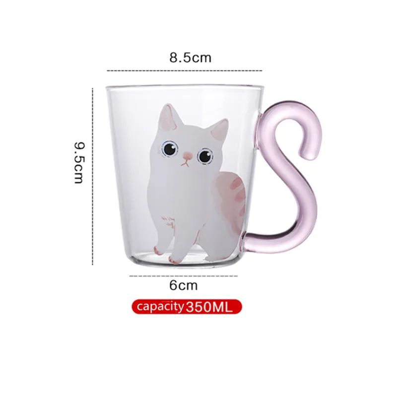 

350ML Cute Cat Glass Coffee Cup Juice Milk Tea Mug Pink Blue Cat Tail Handle Cartoon Valentine's Day Lover Gifts For Couples