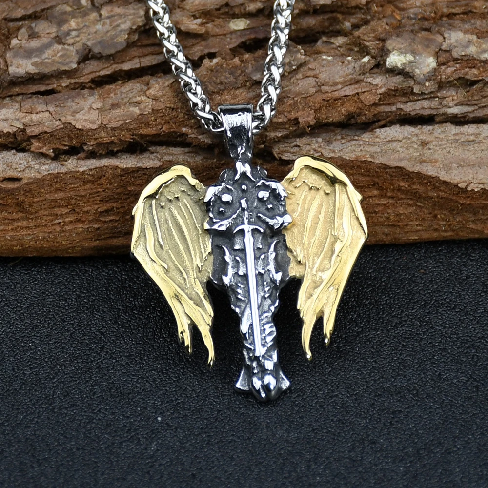 Титановый стальной смешанный Золотой амулет с крыльями Archangel Кулон Мужской скандинавский рыцарь корсс ожерелья ювелирные изделия ангел подарки