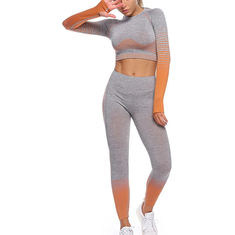 

2 Piece Set Women Ribbed Seamless Long Sleeve Yoga Sets Workout Clothes for Women High Waist Sports Legging Long Sleeve Top