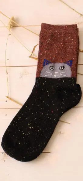 cat black Милые теплые носки с рисунками животных; женские новые японские Носки с рисунком оленя, кота, лисы, волка; шерстяные смешанные дышащие носки; сезон осень-зима - Цвет: cat black