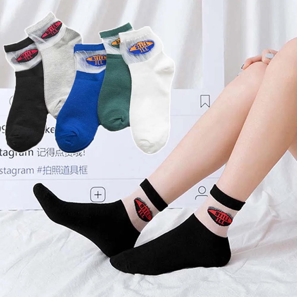

Fashion Transparent Letter Patterned Socks Women Hollow Out Cotton Short Socks Thin Casual Ankle Socks Female Comfort Sock