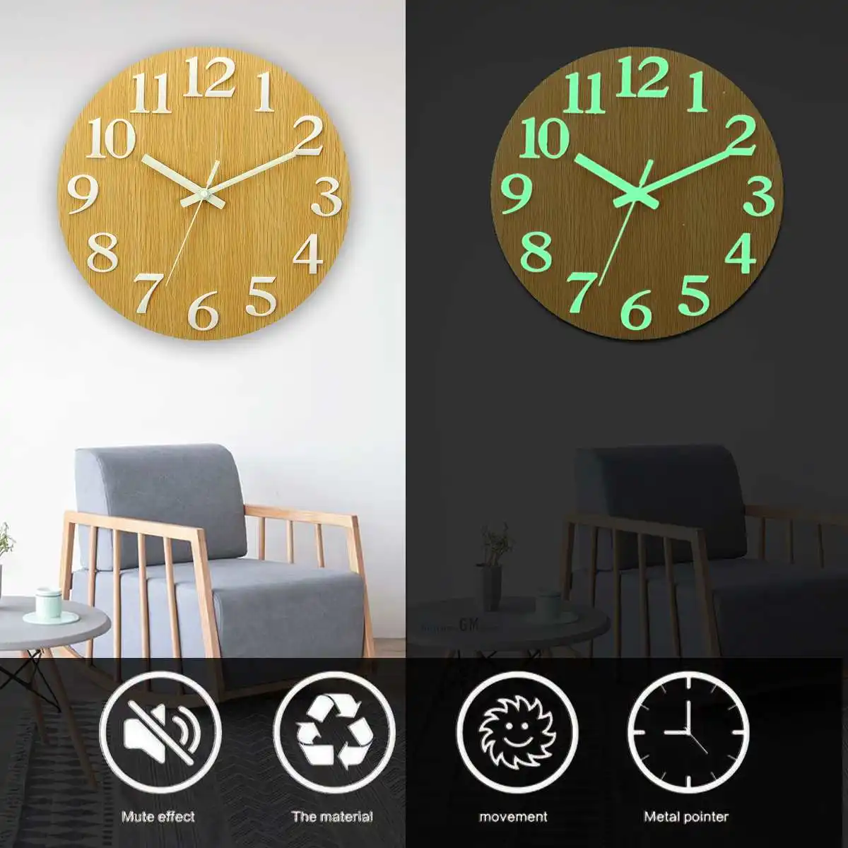 12 Inch Silent Luminous Wall Clocks Glow in Dark Modern 3D Decor Home Living Room Bedroom Quartz Wall Hanging Clock