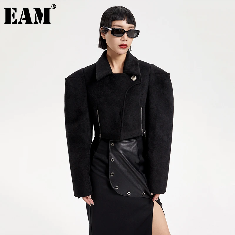 

[EAM] Свободная черная шерстяная куртка в винтажном стиле с коротким рукавом, Новая модная женская парка с длинным рукавом, Осень-зима 2022 1DE4906