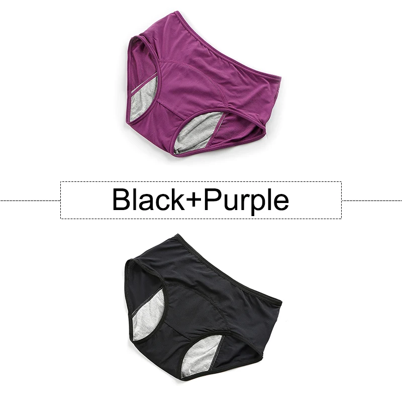 Black Purple 2 шт./партия, хлопковые менструальные трусики, герметичное нижнее белье для женщин с высокой талией, бесшовные трусы с дышащими отверстиями, большие размеры - Цвет: Black Purple