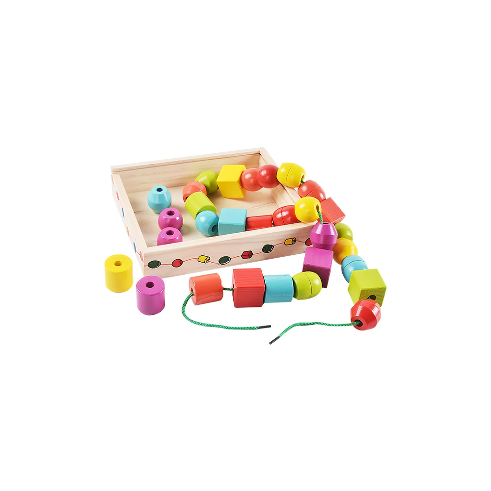

Geometric Shape Wooden Lacing Beads Kids Montessori Blocks Threading Educational Toy Children Color Shape Recognition Toy Gift