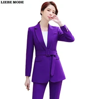 womens work pants suit ol 2 piece for women business casual sashes blazer and pencil pant set office lady purple black suits