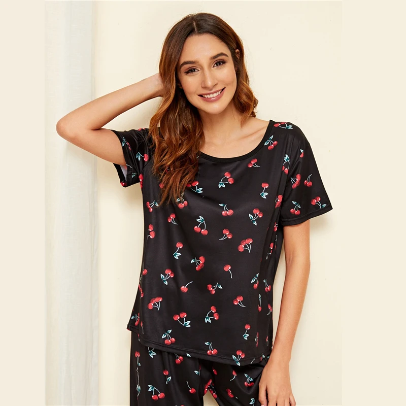 Dotfashion Casual Cherry Print Pajama Set Women Summer Black Short Sleeve Top And Long Pants Ladies Sweet Loungewear