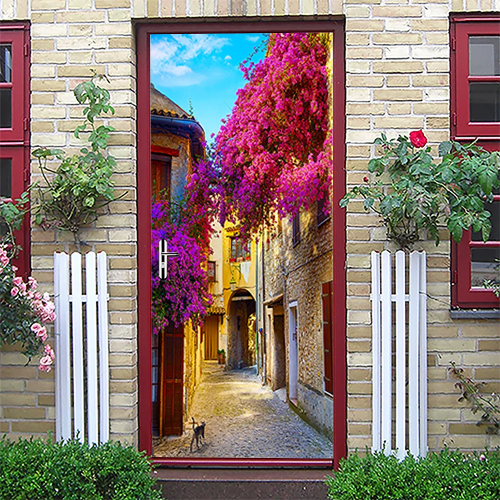 

Flower Sea Door Stickers Red Flower Town Landscape Stickers Bedroom Study Bathroom Door Concealer Decorative Wall Stickers
