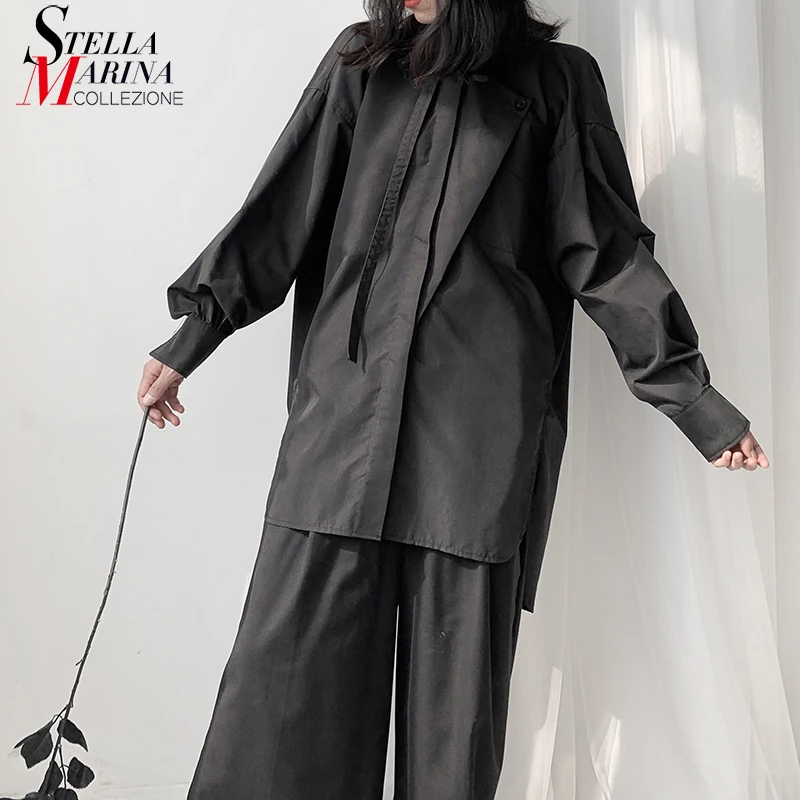 2019 корейский стиль женская однотонная черная белая блузка рубашка с длинным