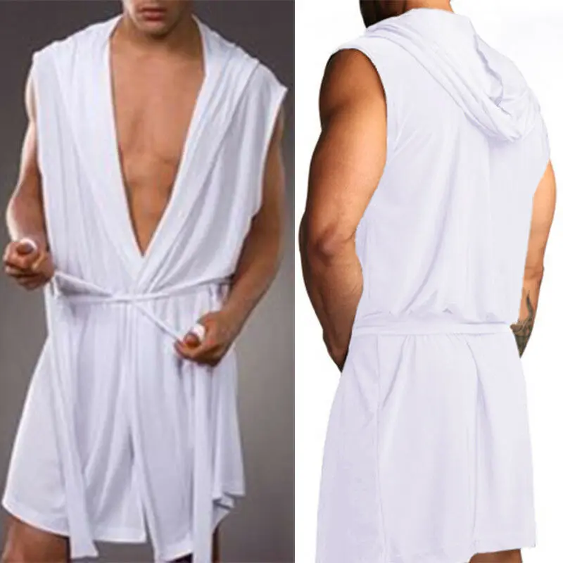 New Men Sexy Bath Robe Hooded Pajamas Sleepwear Superthin Smooth Bathing Gown Comfortable Home Tops Wear Sleepwear S-4XL