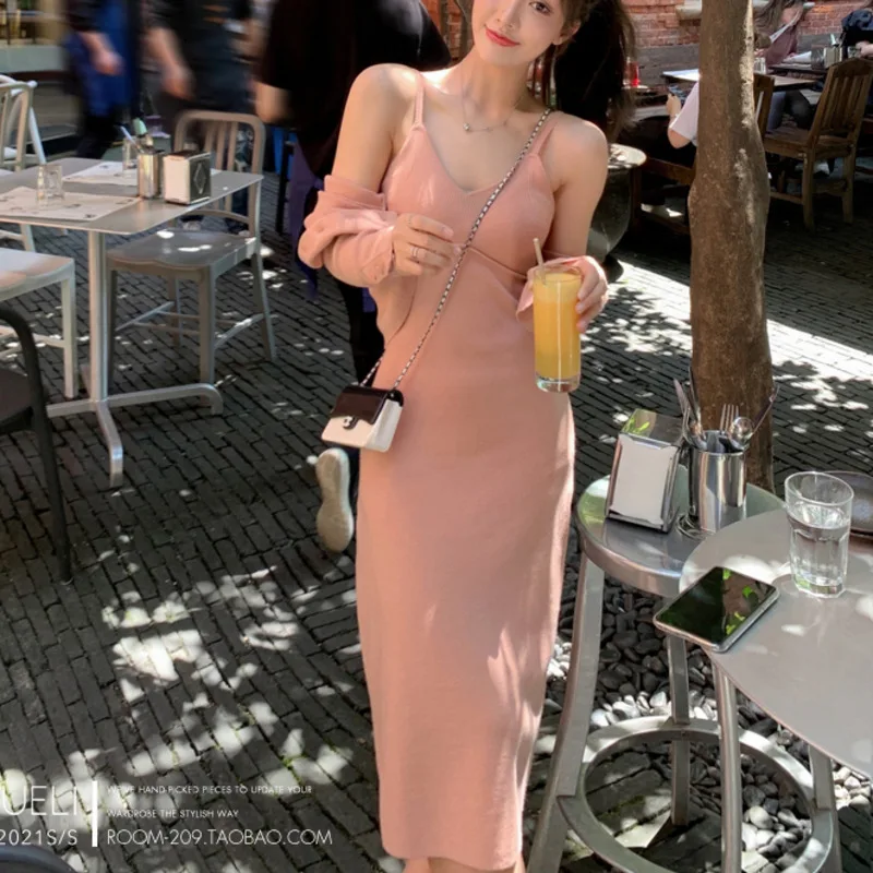 Женский трикотажный Костюм-двойка короткий топ кардиган и длинное платье на