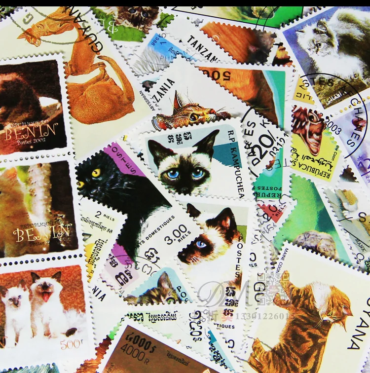 

50 Different Topic Animal Cat Unused Postage Stamps With Post Mark For Collection