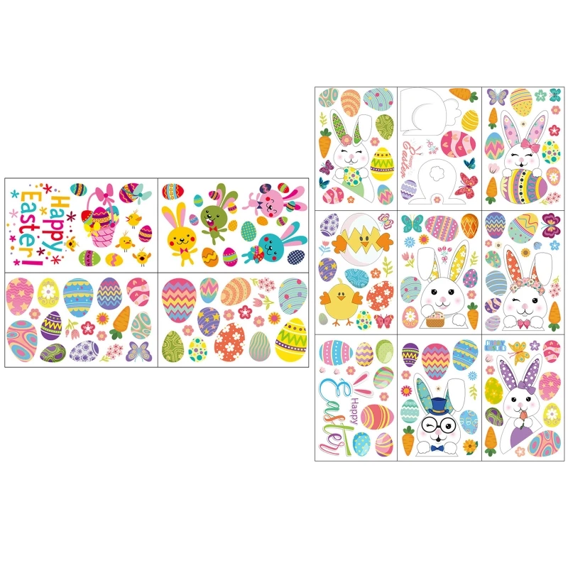 

H55A Happy Easter Window Stickers Set Colorful Bunny Rabbit Eggs Wall Sticker Glass Static Clings Decals Home Decorations