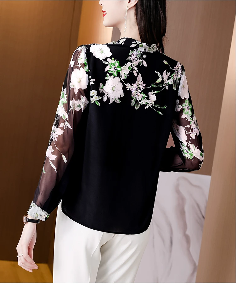 

Houthion Silk Satin Slim Women's Blouses Fashion Short Sleeve Top New Casual Blouse Flowers V-neck Pullover Summer
