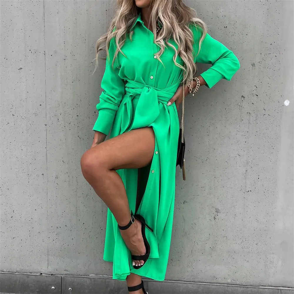 

Женское длинное платье-рубашка макси, однотонное зеленое элегантное офисное платье-рубашка с длинным рукавом и разрезом, соблазнительные п...